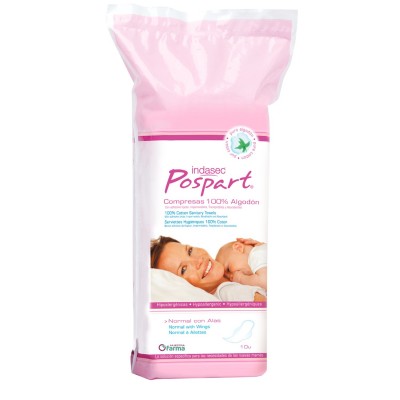 Comprar COMPRESAS HIGIENICAS FEMENINAS POSPARTO INDASEC ALGODON NORMAL CON ALAS 10 UNIDADES al mejor precio en NuestraFarma, tu farmacia online