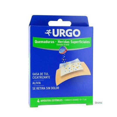Comprar URGO QUEMADURAS Y HERIDAS SUPERFICIALES 10 X 7 CM 4 APOSITOS al mejor precio en NuestraFarma, tu farmacia online