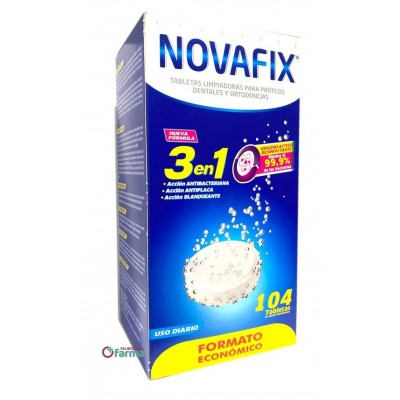 Comprar NOVAFIX TABLETAS LIMPIADORAS PARA PROTESIS DENTALES Y ORTODONCIAS 3 EN 1 104 TABLETAS al mejor precio en NuestraFarma, tu farmacia online