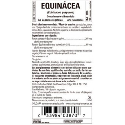 Comprar SOLGAR EQUINACEA (ECHINACEA PURPUREA) 100 CAPSULAS VEGETALES al mejor precio en NuestraFarma, tu farmacia online