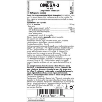 Comprar SOLGAR FISH GEL OMEGA-3 740 MG 50 CAPSULAS BLANDAS al mejor precio en NuestraFarma, tu farmacia online