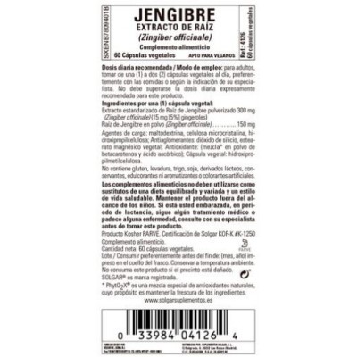Comprar SOLGAR JENGIBRE EXTRACTO DE RAIZ (ZINGIBER OFFICINALE) 60 CAPSULAS VEGETALES al mejor precio en NuestraFarma, tu farmacia online