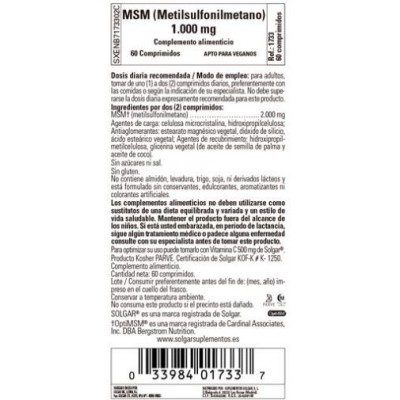 Comprar SOLGAR MSM 1000 MG (METILSULFONILMETANO) 60 COMPRIMIDOS al mejor precio en NuestraFarma, tu farmacia online