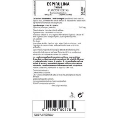 Comprar SOLGAR ESPIRULINA 750 MG (PLANCTON) 80 CAPSULAS VEGETALES al mejor precio en NuestraFarma, tu farmacia online