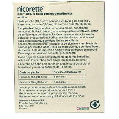 Comprar NICORETTE CLEAR 15 mg/16 h 28 PARCHES TRANSDERMICOS al mejor precio en NuestraFarma, tu farmacia online