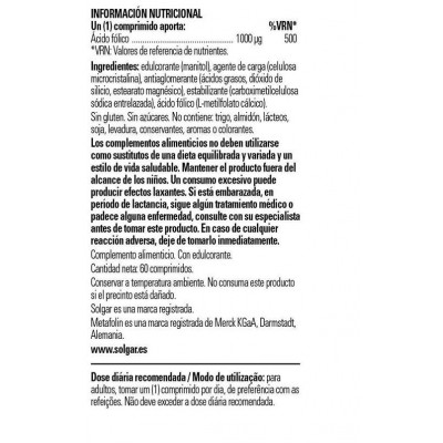 Comprar SOLGAR FOLATO 1000 MCG COMO METAFOLIN 60 COMPRIMIDOS al mejor precio en NuestraFarma, tu farmacia online