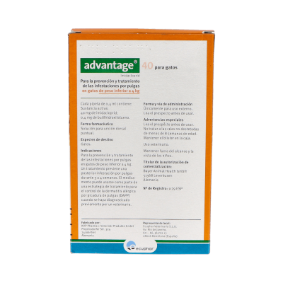 Comprar ADVANTAGE 40 MG SOLUCION SPOT-ON PARA GATOS 4 PIPETAS 0,4 ML al mejor precio en NuestraFarma, tu farmacia online