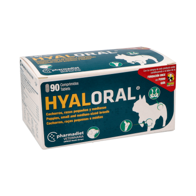 Comprar PHARMADIET HYALORAL CACHORROS RAZAS PEQUEÑAS Y MEDIANAS 90 COMPRIMIDOS al mejor precio en NuestraFarma, tu farmacia online
