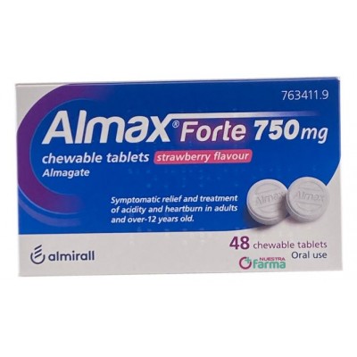 Comprar ALMAX FORTE 750 MG 48 COMPRIMIDOS MASTICABLES SABOR FRESA al mejor precio en NuestraFarma, tu farmacia online