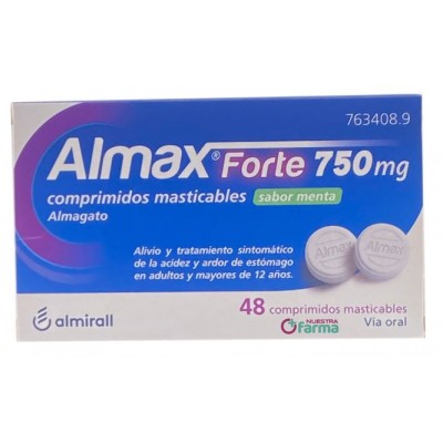 Comprar ALMAX FORTE 750 MG 48 COMPRIMIDOS MASTICABLES SABOR MENTA al mejor precio en NuestraFarma, tu farmacia online