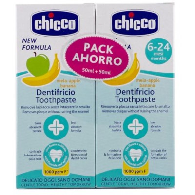 Comprar CHICCO PASTA DE DIENTES 6-24 MESES PLATANO MANZANA 2 X 50 ML al mejor precio en NuestraFarma, tu farmacia online
