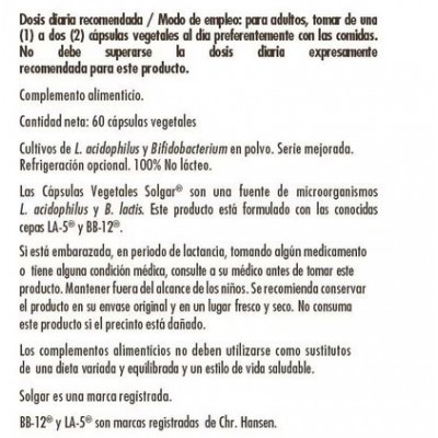 Comprar SOLGAR ADVANCED ACIDOPHILUS PLUS 60 CAPSULAS VEGETALES al mejor precio en NuestraFarma, tu farmacia online
