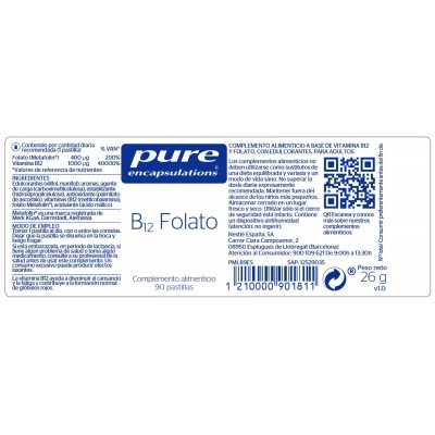 Comprar PURE ENCAPSULATIONS B12 FOLATO 90 PASTILLAS al mejor precio en NuestraFarma, tu farmacia online