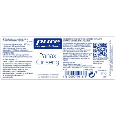 Comprar PURE ENCAPSULATIONS PANAX GINSENG 60 CAPSULAS al mejor precio en NuestraFarma, tu farmacia online