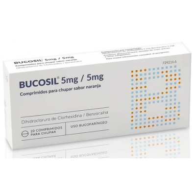 Comprar BUCOSIL 5 MG/5 MG 20 COMPRIMIDOS PARA CHUPAR (SABOR NARANJA) al mejor precio en NuestraFarma, tu farmacia online