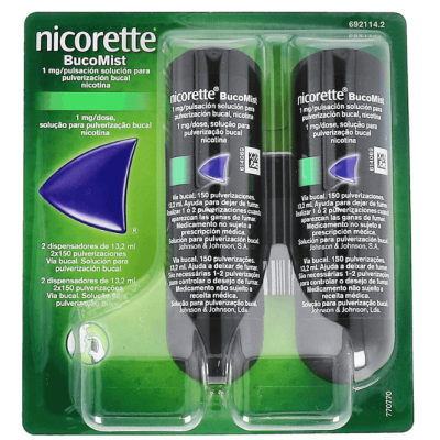 Comprar NICORETTE BUCOMIST 1 MG/PULSACION SOLUCION PARA PULVERIZACION BUCAL 2 ENVASES 13,2 ML (150 DOSIS) al mejor precio en NuestraFarma, tu farmacia online