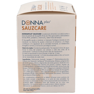 Comprar DONNAPLUS SAUZCARE 20 STICKS BUCODISPERSABLES SABOR FRUTOS DEL BOSQUE al mejor precio en NuestraFarma, tu farmacia online