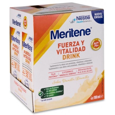 Comprar MERITENE FUERZA Y VITALIDAD DRINK 4 BOTELLAS 180 ML PACK SABOR VAINILLA al mejor precio en NuestraFarma, tu farmacia online