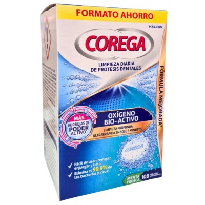 Comprar COREGA OXIGENO BIO-ACTIVO 3 MINUTOS LIMPIEZA PROTESIS DENTALES 108 PASTILLAS al mejor precio en NuestraFarma, tu farmacia online