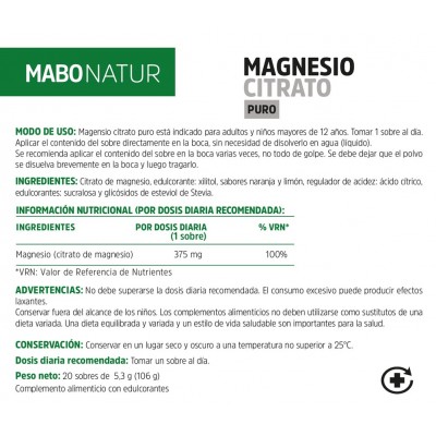 Comprar MABONATUR MAGNESIO CITRATO PURO 20 SOBRES BUCODISPERSABLES 5,3 G SABOR A CITRICOS al mejor precio en NuestraFarma, tu farmacia online
