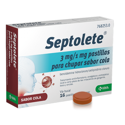 Comprar SEPTOLETE 3 MG/1 MG 16 PASTILLAS PARA CHUPAR (SABOR COLA) al mejor precio en NuestraFarma, tu farmacia online
