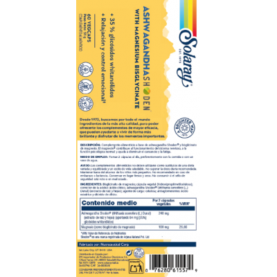 Comprar SOLARAY ASHWAGANDHA SHODEN Y BISGLICINATO DE MAGNESIO 60 CAPSULAS VEGETALES al mejor precio en NuestraFarma, tu farmacia online