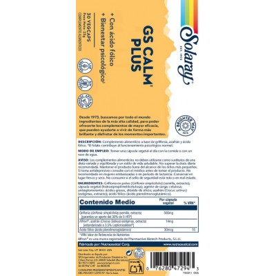 Comprar SOLARAY G.S. CALM PLUS 30 CAPSULAS VEGETALES al mejor precio en NuestraFarma, tu farmacia online
