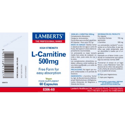 Comprar LAMBERTS L-CARNITINA 500 MG 60 CAPSULAS al mejor precio en NuestraFarma, tu farmacia online
