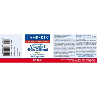 Comprar LAMBERTS VITAMINA E 400 UI (268 MG) 60 CAPSULAS 8708 al mejor precio en NuestraFarma, tu farmacia online