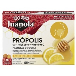 JUANOLA PROPOLIS MIEL ZINC Y VITAMINA C 36 PASTILLAS DE GOMA SABOR LIMON MIEL