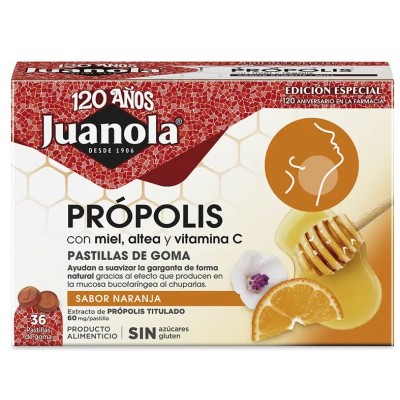 Comprar JUANOLA EDICIÓN ESPECIAL PROPOLIS MIEL ALTEA Y VITAMINA C 36 PASTILLAS DE GOMA SABOR NARANJA al mejor precio en NuestraFarma, tu farmacia online