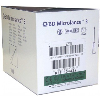BD MICROLANCE3 AGUJA HIPODERMICA 100 UNIDADES 21 G 1 1/2" 40 MM X 0,8 MM