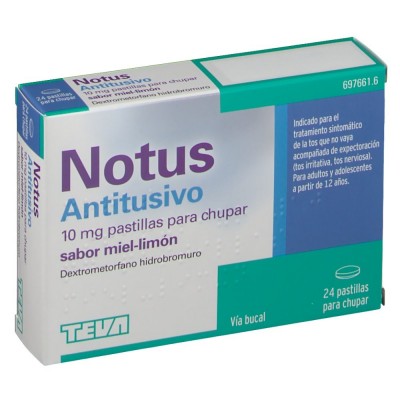 Comprar NOTUS ANTITUSIVO 10 mg 24 PASTILLAS PARA CHUPAR (SABOR MIEL Y LIMON) al mejor precio en NuestraFarma, tu farmacia online