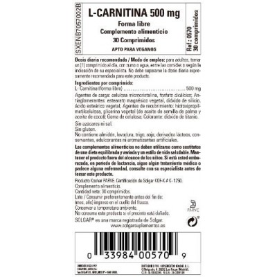 Comprar SOLGAR L-CARNITINA 500MG 30 COMPRIMIDOS al mejor precio en NuestraFarma, tu farmacia online