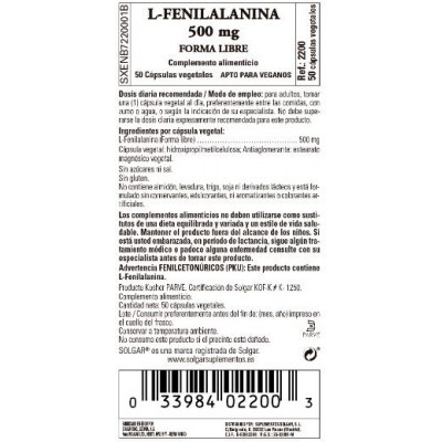Comprar SOLGAR L-FENILALANINA 500MG 50 CAPSULAS VEGETALES al mejor precio en NuestraFarma, tu farmacia online