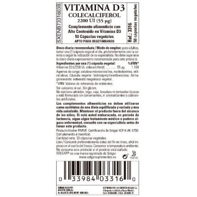 Comprar SOLGAR VITAMINA D3 2200 UI (55 MCG) 50 CAPSULAS VEGETALES al mejor precio en NuestraFarma, tu farmacia online