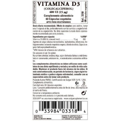 Comprar SOLGAR VITAMINA D3 600UI (15MCG) 60 CAPSULAS VEGETALES al mejor precio en NuestraFarma, tu farmacia online