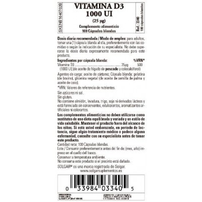 Comprar SOLGAR VITAMINA D3 1000UI (25MCG) 100 CAPSULAS BLANDAS al mejor precio en NuestraFarma, tu farmacia online