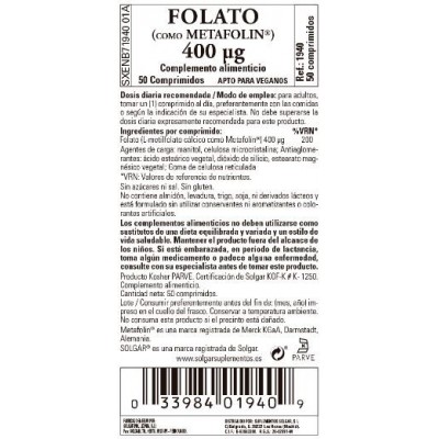 Comprar SOLGAR FOLATO (COMO METAFOLIN) 400MCG 50 COMPRIMIDOS al mejor precio en NuestraFarma, tu farmacia online