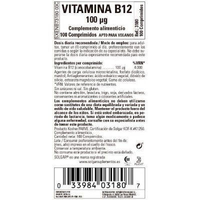 Comprar SOLGAR VITAMINA B12 (CIANOCOBALAMINA) 100 MCG 100 COMPRIMIDOS al mejor precio en NuestraFarma, tu farmacia online