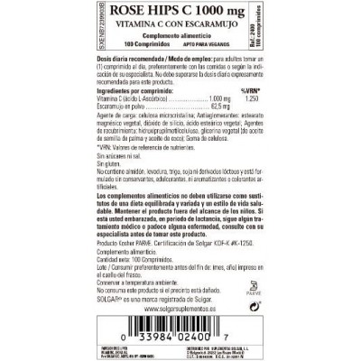 Comprar SOLGAR VITAMINA C 1000 MG CON ROSE HIPS (ESCARAMUJO) 100 COMPRIMIDOS al mejor precio en NuestraFarma, tu farmacia online