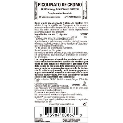 Comprar SOLGAR CROMO PICOLINATO 200 MCG 90 CAPSULAS VEGETALES al mejor precio en NuestraFarma, tu farmacia online