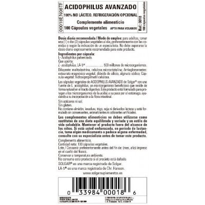 Comprar SOLGAR ACIDOFILUS AVANZADO (NO LACTEO) 100 CAPSULAS VEGETALES al mejor precio en NuestraFarma, tu farmacia online
