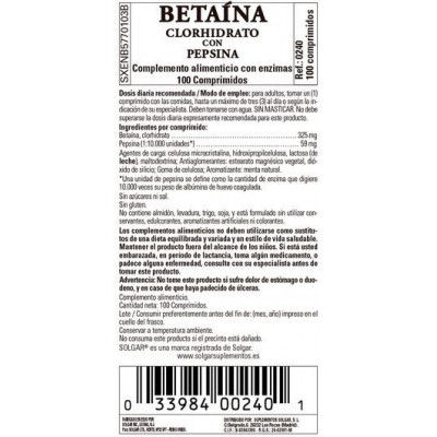 Comprar SOLGAR BETAINA CLORHIDRATO CON PEPSINA 100 COMPRIMIDOS al mejor precio en NuestraFarma, tu farmacia online