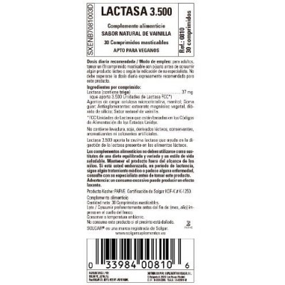 Comprar SOLGAR LACTASA 3500 30 COMPRIMIDOS MASTICABLES al mejor precio en NuestraFarma, tu farmacia online