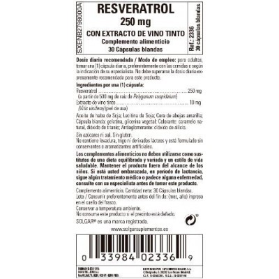 Comprar SOLGAR RESVERATROL 250MG CON EXTRACTO DE VINO TINTO 30 CAPSULAS BLANDAS al mejor precio en NuestraFarma, tu farmacia online