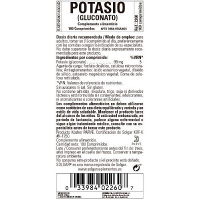 Comprar SOLGAR POTASIO GLUCONATO 100 COMPRIMIDOS al mejor precio en NuestraFarma, tu farmacia online