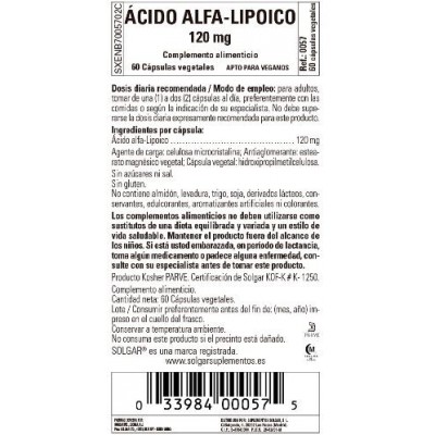 Comprar SOLGAR ACIDO ALFA LIPOICO 120MG 60 CAPSULAS VEGETALES al mejor precio en NuestraFarma, tu farmacia online