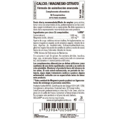Comprar SOLGAR CALCIO/MAGNESIO CITRATO 50 COMPRIMIDOS al mejor precio en NuestraFarma, tu farmacia online