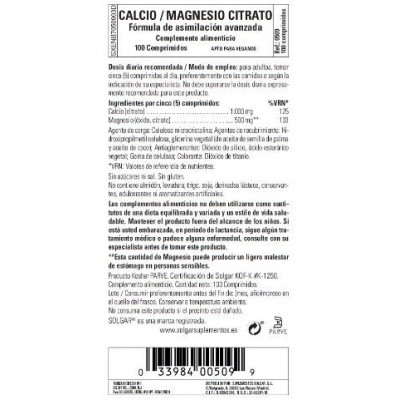 Comprar SOLGAR CALCIO/MAGNESIO CITRATO 100 COMPRIMIDOS al mejor precio en NuestraFarma, tu farmacia online